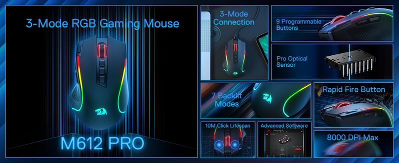 Redragon M612 PRO RGB Gaming Mouse, 8000 DPI Wired/Wireless Optical Gamer Mouse with 9 Programmable Buttons & 7 Backlit Modes, BT & 2.4G Wireless, Software Supports DIY Keybinds Rapid Fire Button