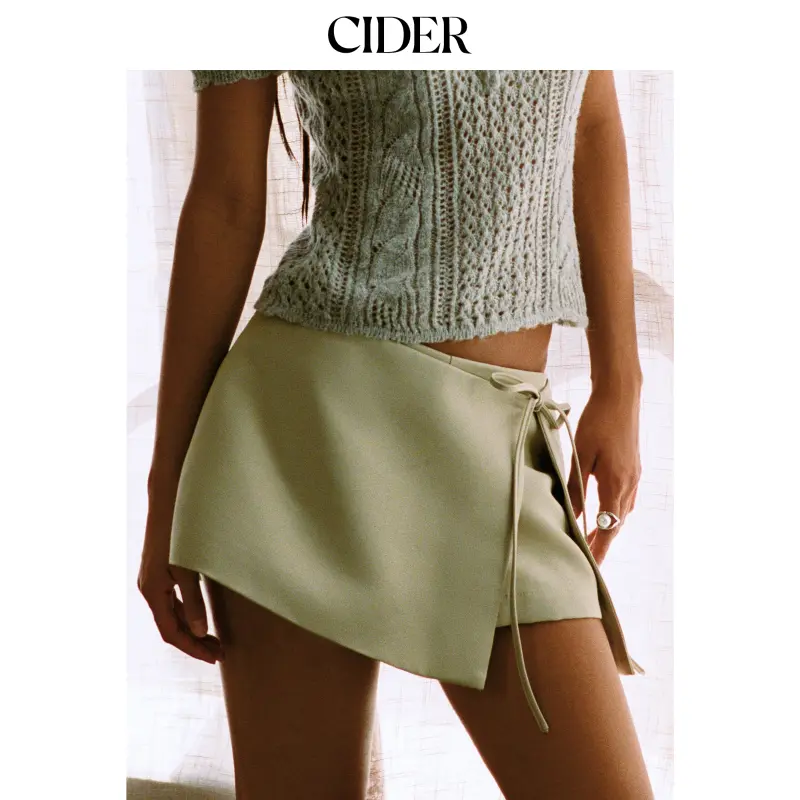 Cider Satin Low Rise Tie Front Wrap A-line Mini Skort