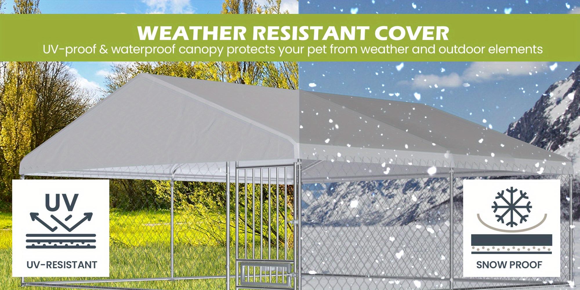 13'x13' Large Outdoor Dog Kennel, Heavy Duty Outdoor Dog Kennel with Waterproof Cover and Rotating Feeder, Galvanized Steel Metal Outside Dog Kennel with Lockable Door