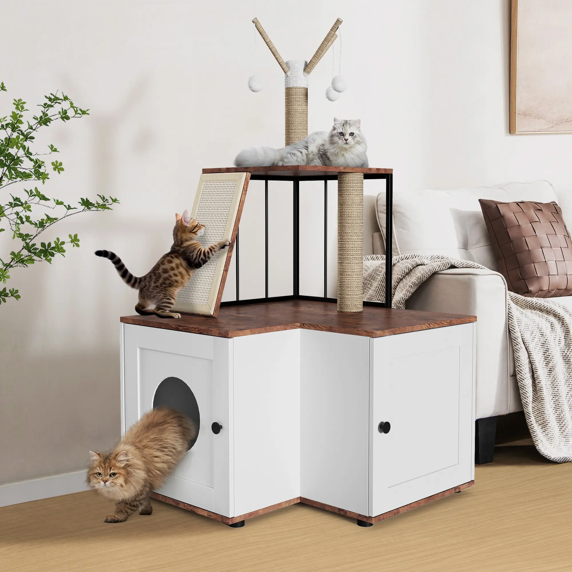 Multi-Level Wooden Dog Crate Cabinet, L-Shaped Hidden Indoor Kennel with Scratching Post & Play Space for Large Dogs