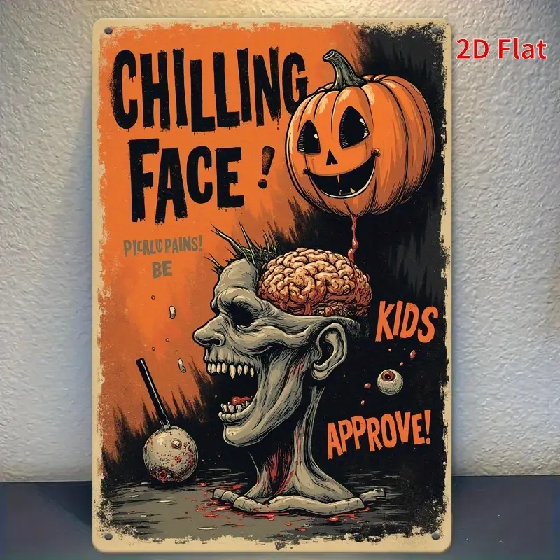 2D Flat, 1pc Vintage Halloween Zombie Face Poster - Retro Horror Decor with Pumpkin, Funny "FREE PILKS! BE KINDS APPROVED!" Text - Large 7.87x11.8 Inch Metal-like Sign for Indoor/Outdoor - Garage, Kitchen, Party Decoration - Spooky Halloween Gift Idea, Ha