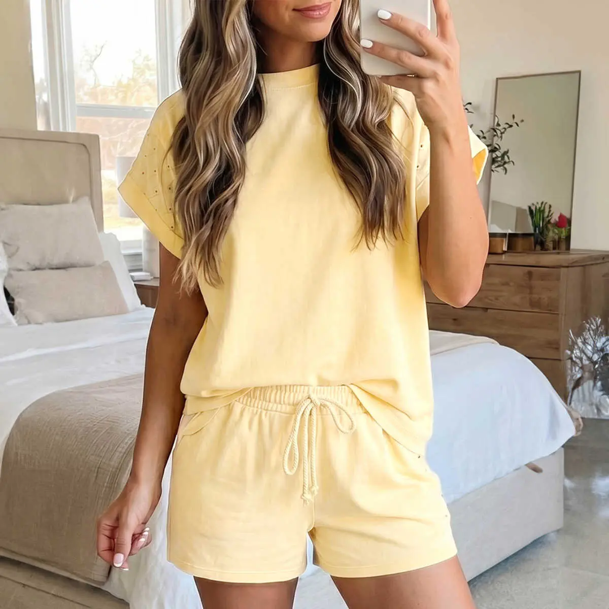 Women's Eyelet Lace Patchwork Short Sleeve Top and Shorts Two Piece Set, Casual Summer Matching Outfit