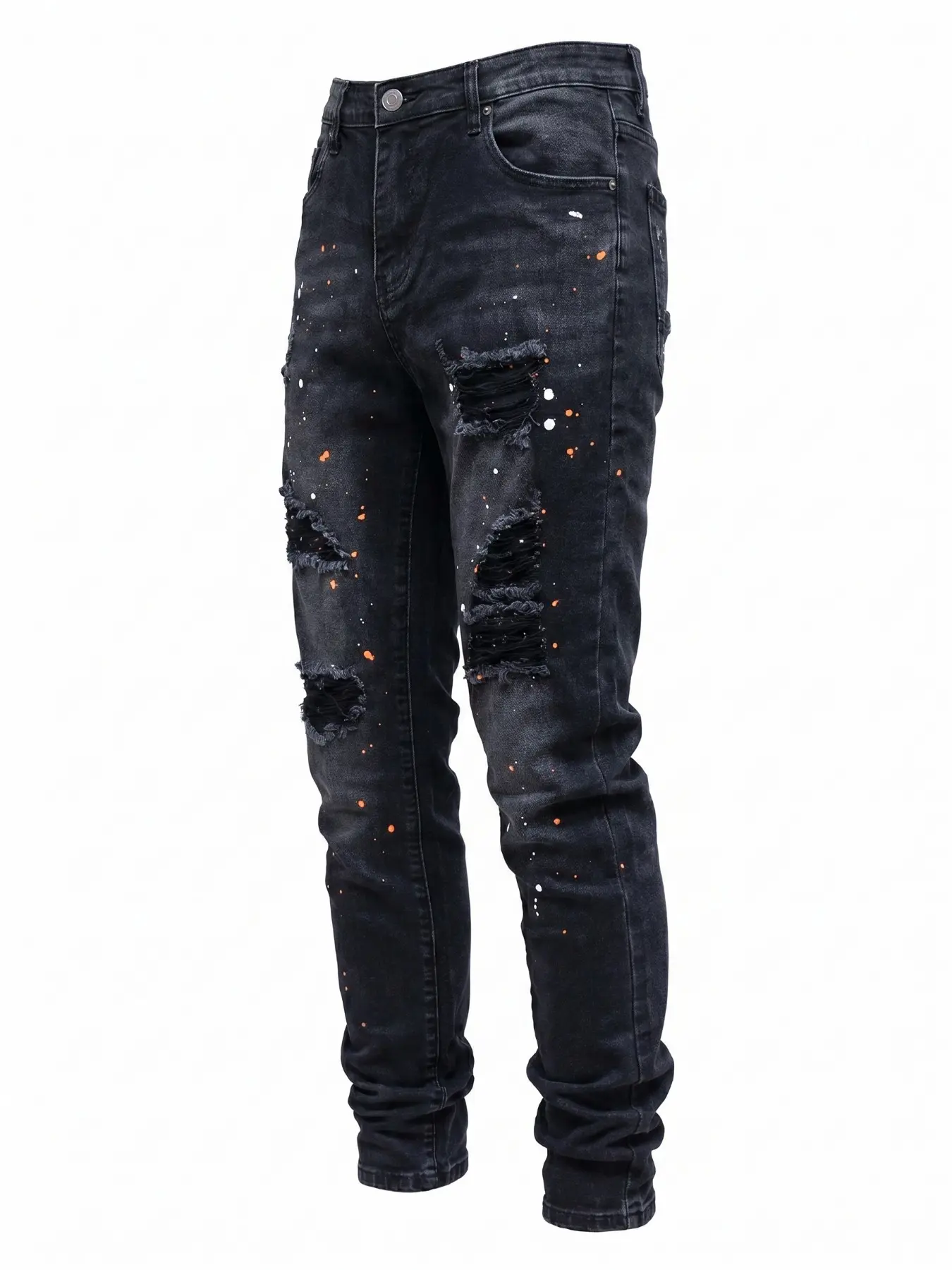 Men's Vintage Washed Slim Fit Jeans, Multi-Hole Ripped Splatter Graffiti Wear Straight Leg, Hip Hop Y2K Streetwear Casual Pants