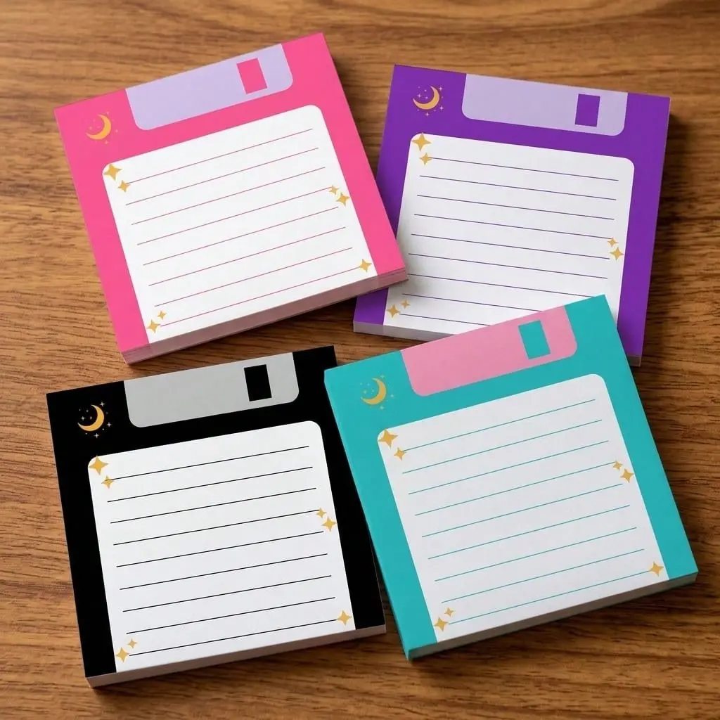 Vintage Floppy Disk Memo Pad 4-Pack, 3x3 Inch Lined Starry Moon Notebook, Office Desk Decor, Office Stationery Supplies, Aesthetic Planning Supplies, Unique Gift