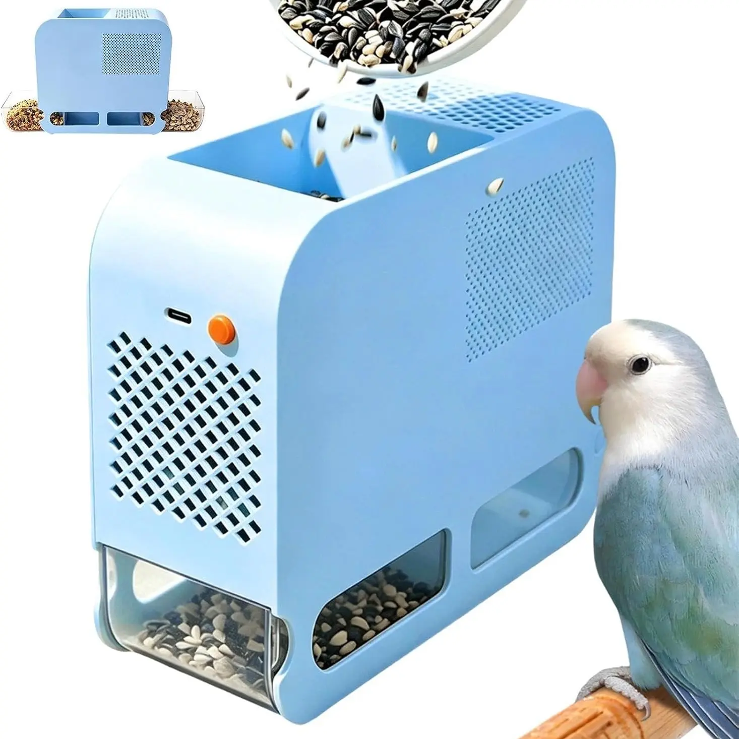 Bird Seed Husk Separator｜Electric Bird Food Husk Blower｜Parrot Seed Husk Separator｜Quiet Air Flow Automatic Air Separation Machine｜Dual-Compartment Collection System｜Transparent PET Grain Storage Bin｜Suitable for Budgie and Other Pet Bird Food