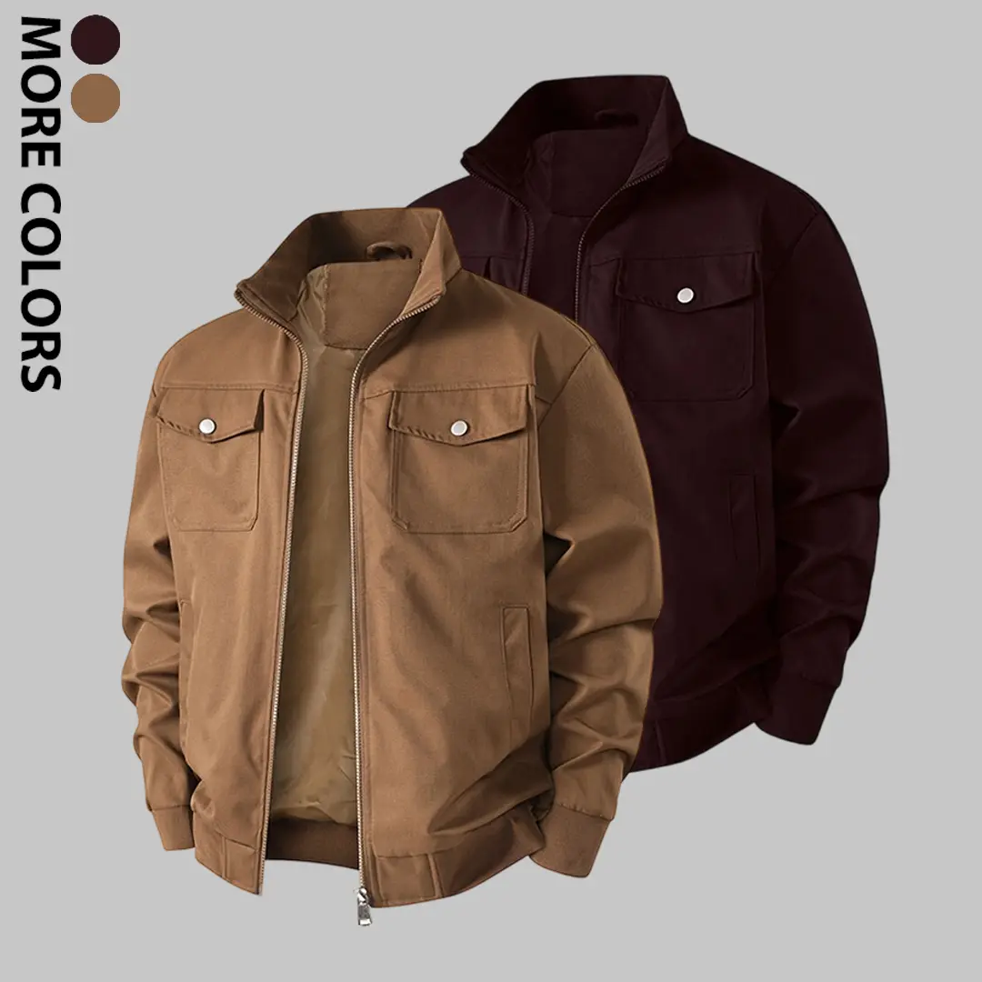 Men's Stand Collar Polyester Cargo Jacket, Zip Up Multi Pocket Casual Bomber Outerwear, Snap Button Chest Pockets Ribbed Cuff Hem Wind Resistant Coat, Classic Workwear Style For Daily Commute, Work, Outdoor Activities Fall Winter Men Outfits