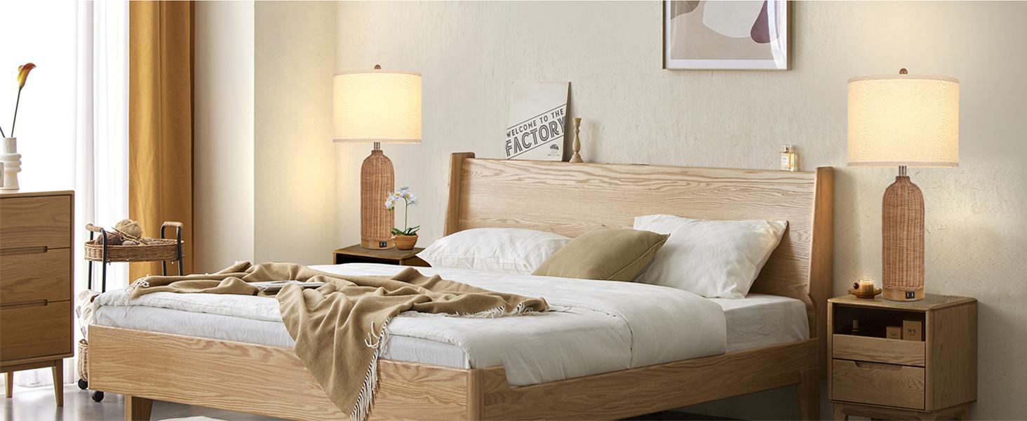 Set of 2 Rattan Table Lamps with 2 USB Ports, 29'' Tall Farmhouse Lamp for Living Room, Bedroom, Office, Vintage Brown Desk Nightstand Lamps with Oatmeal Fabric Linen Shade, Large Size