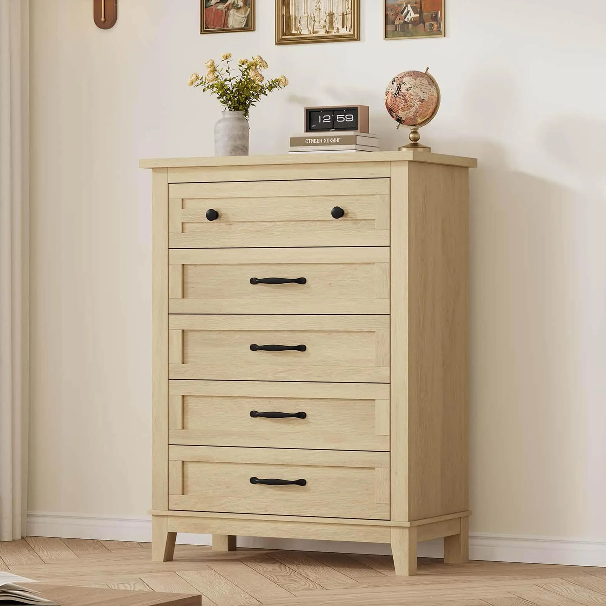 Garvee 5-Drawer Tall Dresser with Large Deep Storage Drawers, Freestanding Wooden Bedroom Chest, 41.3" Vertical Storage Organizer Equipped with Adjustable Feet, Suitable for Bedroom, Living Room and Hallway Storage