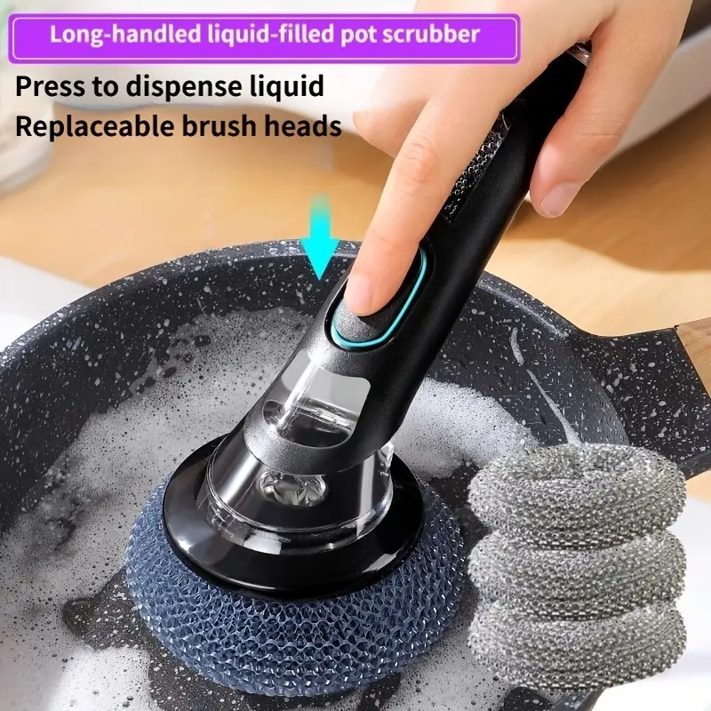 4-Piece Set - Multi-Functional Soap Dispenser Pot Brush, Long-Handle Kitchen Cleaning Brush with Replaceable Heads - Automatic Liquid Dishwashing Brush, Ideal for Cleaning Pots, Pans, Bowls, and Dishes, Durable and Non-Slip, Perfect Household Kitchen Tool