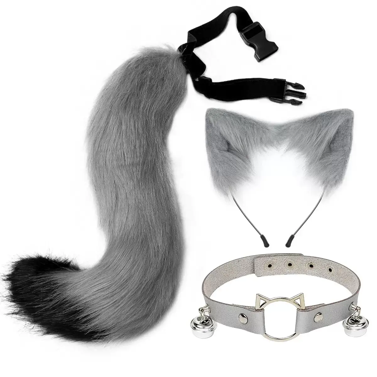 Cosplay plush animal ears and tail set, anime-style fox ears, wolf ears, headband, tail accessories, head bell, collar