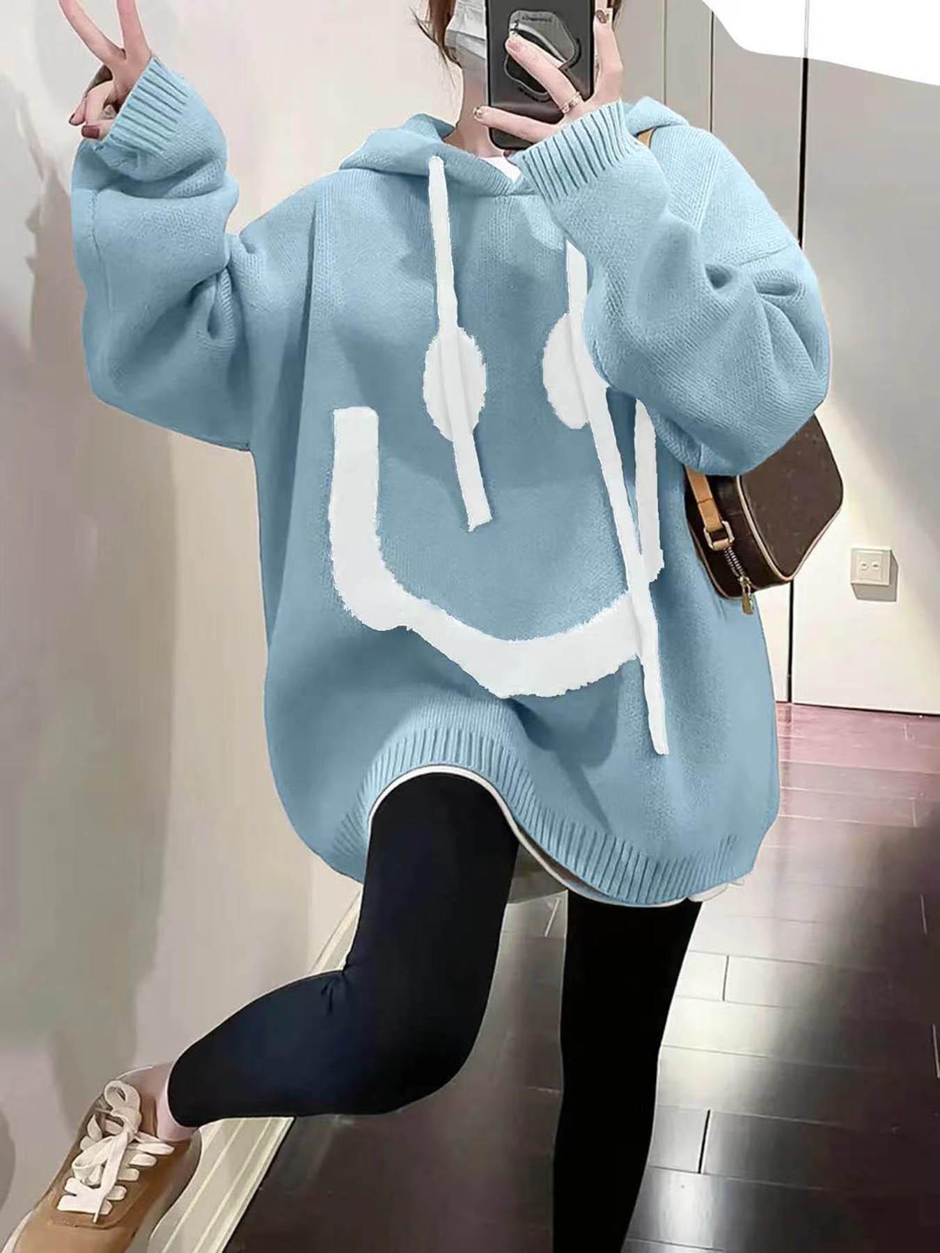 Women's Cartoon Face Print Drop Shoulder Hooded Knitted Sweater, Fashion Casual Long Sleeve Drawstring Hooded Sweater for Daily Holiday Outdoor Wear, Women Knitwear for Fall & Winter, Sweaters for Women
