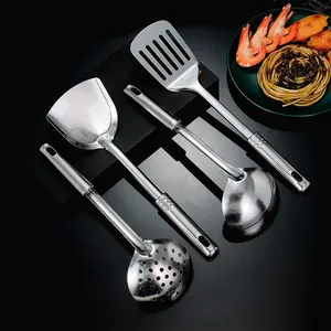 4-Piece Stainless Steel Utensil Set, Includes Deep Soup Spoon, Strainer Scoop, Solid Spatula, Sieve Ladle, Durable Kitchen Tools for Cooking