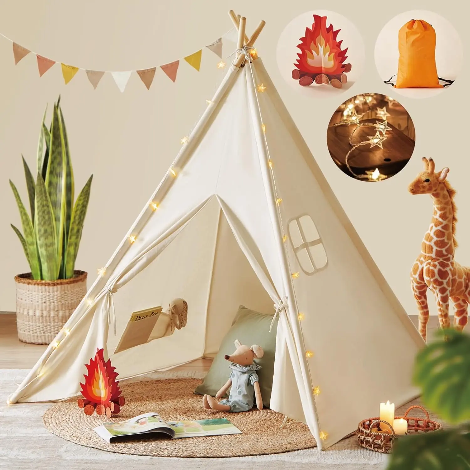 Teepee Tent for Kids with Star Lights & Campfire Toy | Poly-Cotton Blend Fabric, Machine Washable, Foldable Design, Indoor & Outdoor Play Tent, Gift for Girls & Boys
