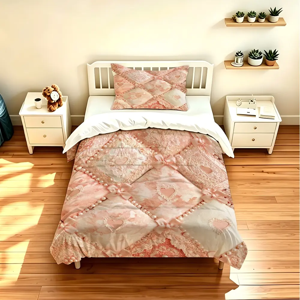 3pcs duvet cover set (1 duvet cover + 2 pillowcases) - pink heart patchwork bedding set, HD digital printed, fade resistant, soft cozy polyester fabric, versatile for dorm bedroom hotel, all season use, trendy home decor (Excluding fillers and pillo