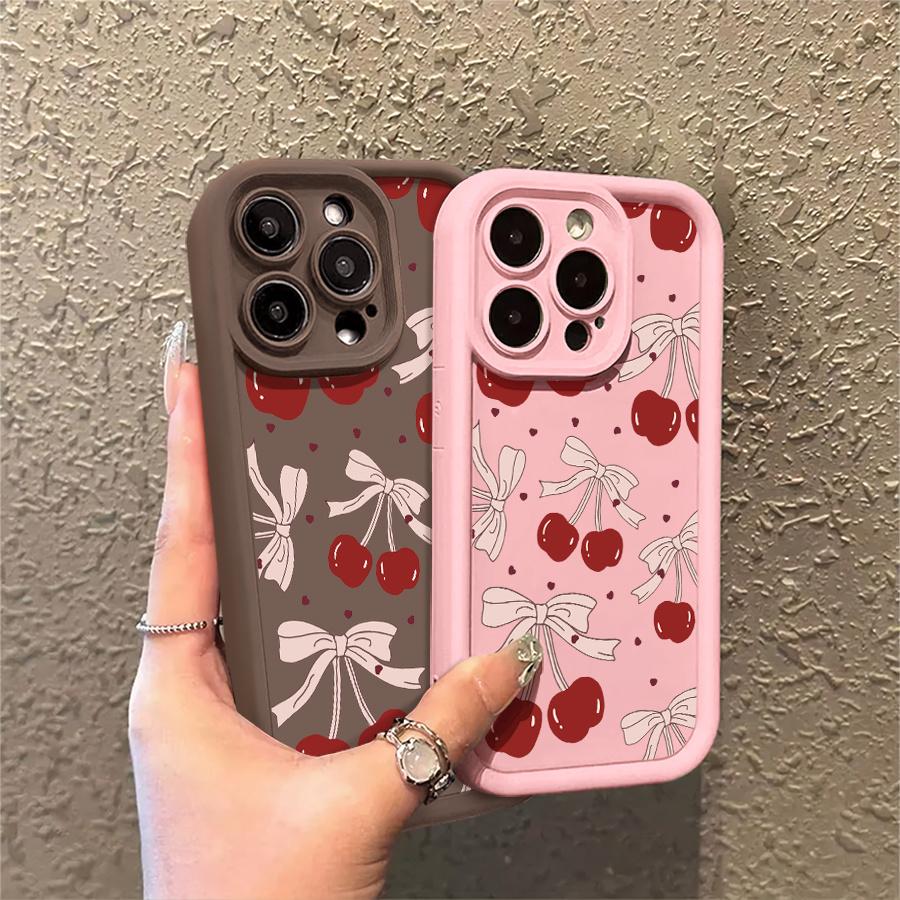 Cherry Bow Pattern Case for iPhone 17 Pro Max 16 16e 15 14 Plus 13 12 Mini 11 Air X XS Pattern Soft TPU Rubber Camera Protection Rugged Mobile Phone Cover Gift 2D printing