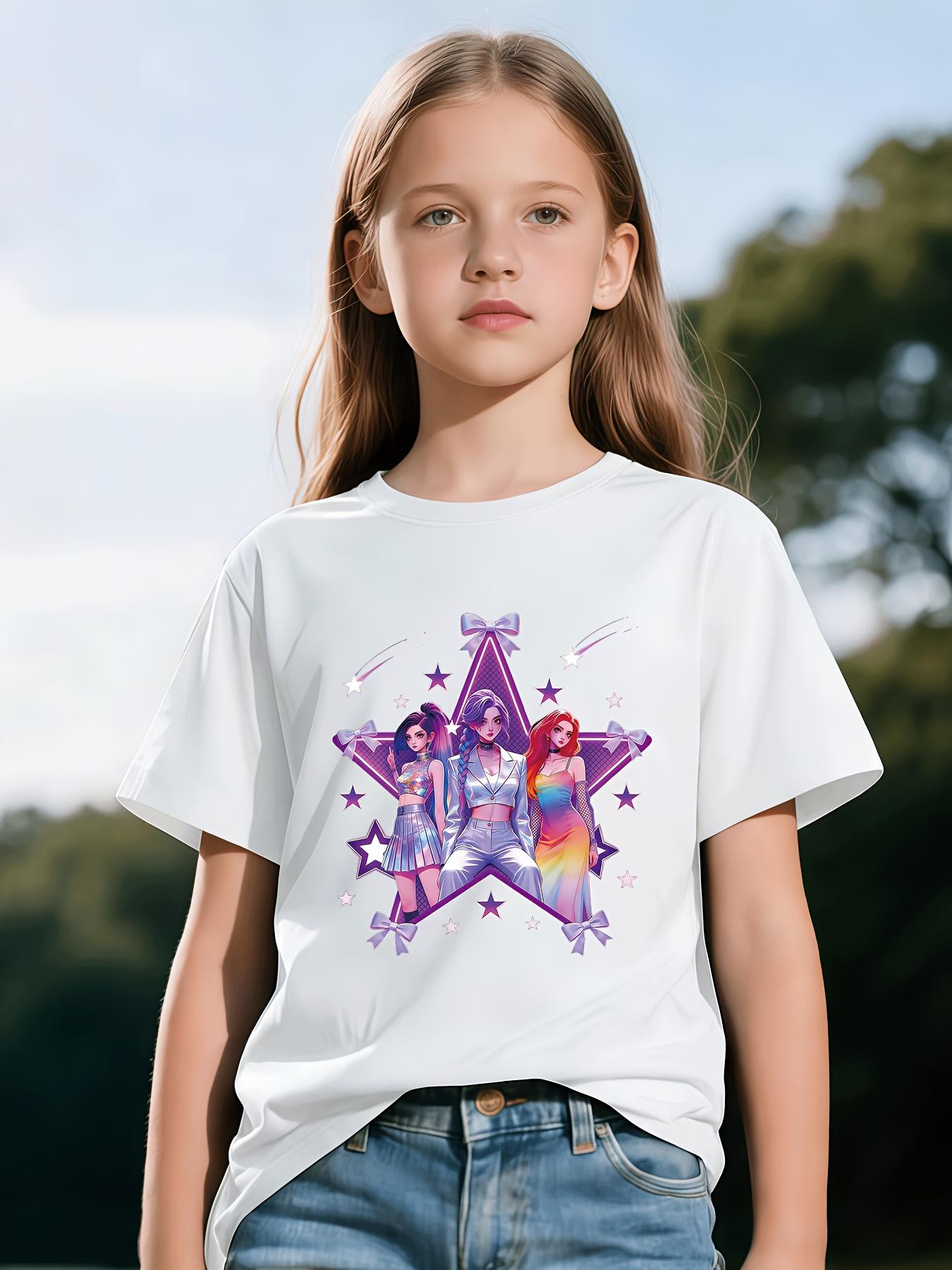 1Fashion K-Pop Style Girls' Boys' T-Shirt |   Anime Style Three Female Characters Design With Shiny Purple Star Background And Metallic Letter Print, Ideal For Summer Casual Wear, Perfect Christmas, Birthday, Party Gift