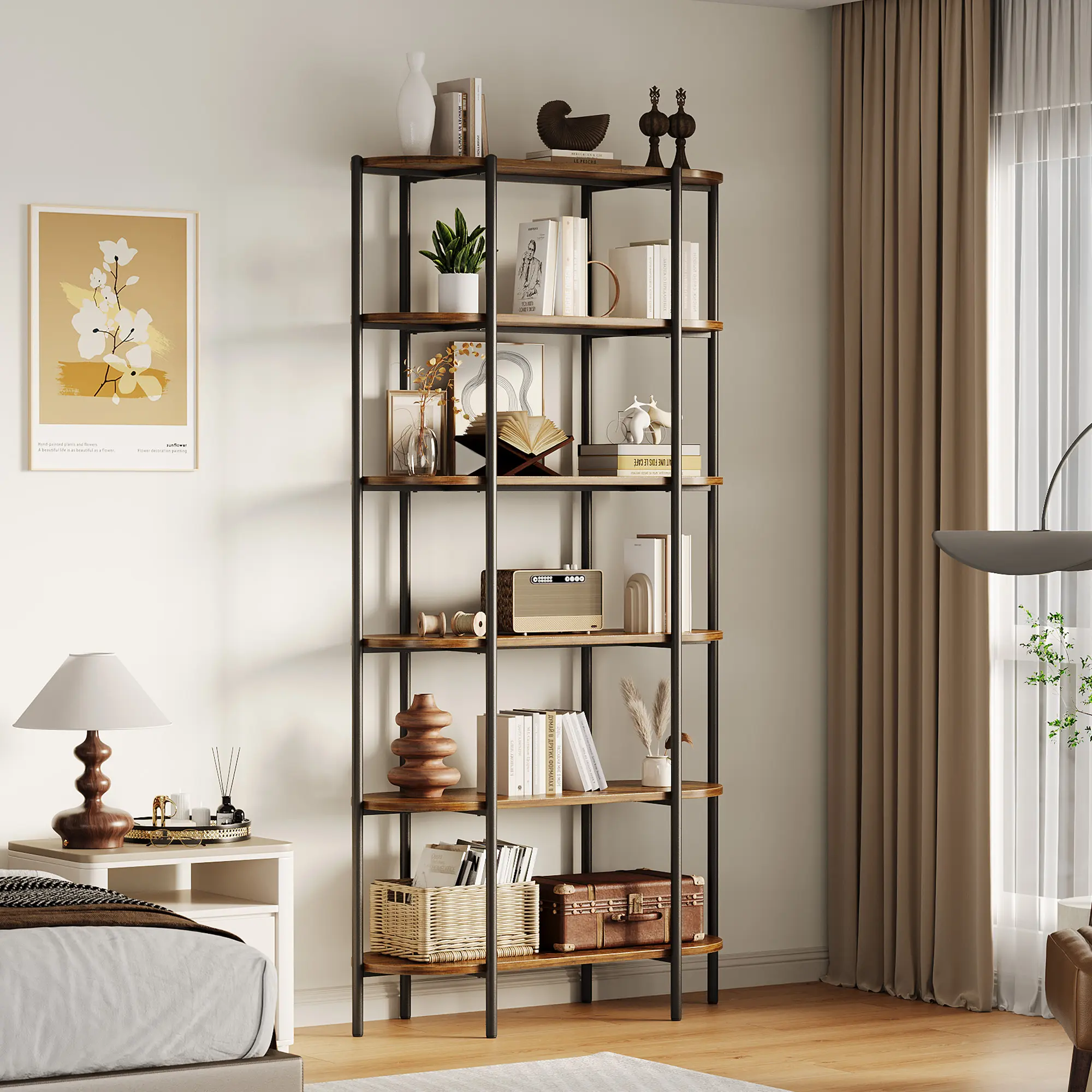 71-Inch Tall 6-Tier Oval Industrial Bookshelf, Vintage Brown MDF with Metal Frame, Freestanding Office Commercial Furniture Books Storage Unit