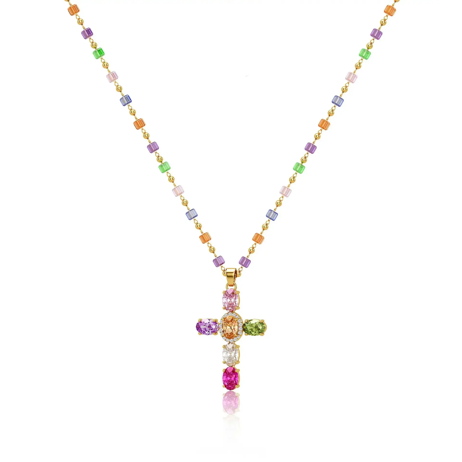 Women's Minimalist Modern Rainbow Cross Necklace - Adjustable Length, Copper Base, Diamond Accents, Dopamine Colorful Pendant, Delicate Clavicle Chain, Luxury Statement Costume Jewelry, Gift Ready Fashion Accessory