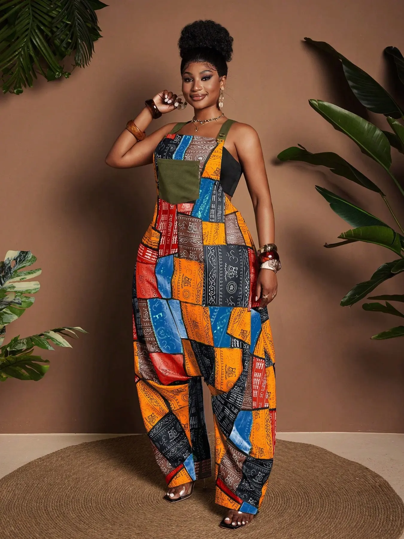 Women's Patchwork Printed Jumpsuit, Loose Wide Leg Workwear, Bohemian Fashion Style, Ideal for Vacations, Beach Trips, Music Festivals