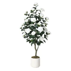 Realistic Artificial Camellia Tree – Lifelike Silk Flowers, Potted Faux Evergreen Plant, Indoor/Outdoor Decorative Greenery, Maintenance-Free, Perfect for Living Room, Entryway, Office, Wedding, Terrace