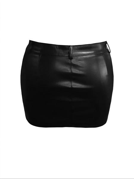【Plus Size】 Solid Pocket Decor PU Skirt, Fashion Casual Mini Skirt for Daily Outdoor Wear, Women Plus Clothing for All Seasons