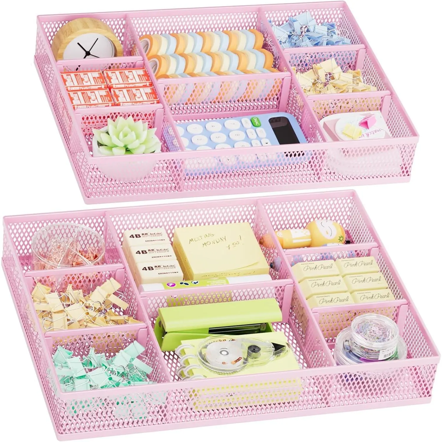 2 Pack Desk Drawer Organizer, Mesh Drawer Organizer Tray with 8 Adjustable Compartments, Desk Organizers and Accessories, 5 Dividers Drawer for Office Supplies, Makeup & Vanity (Pink)