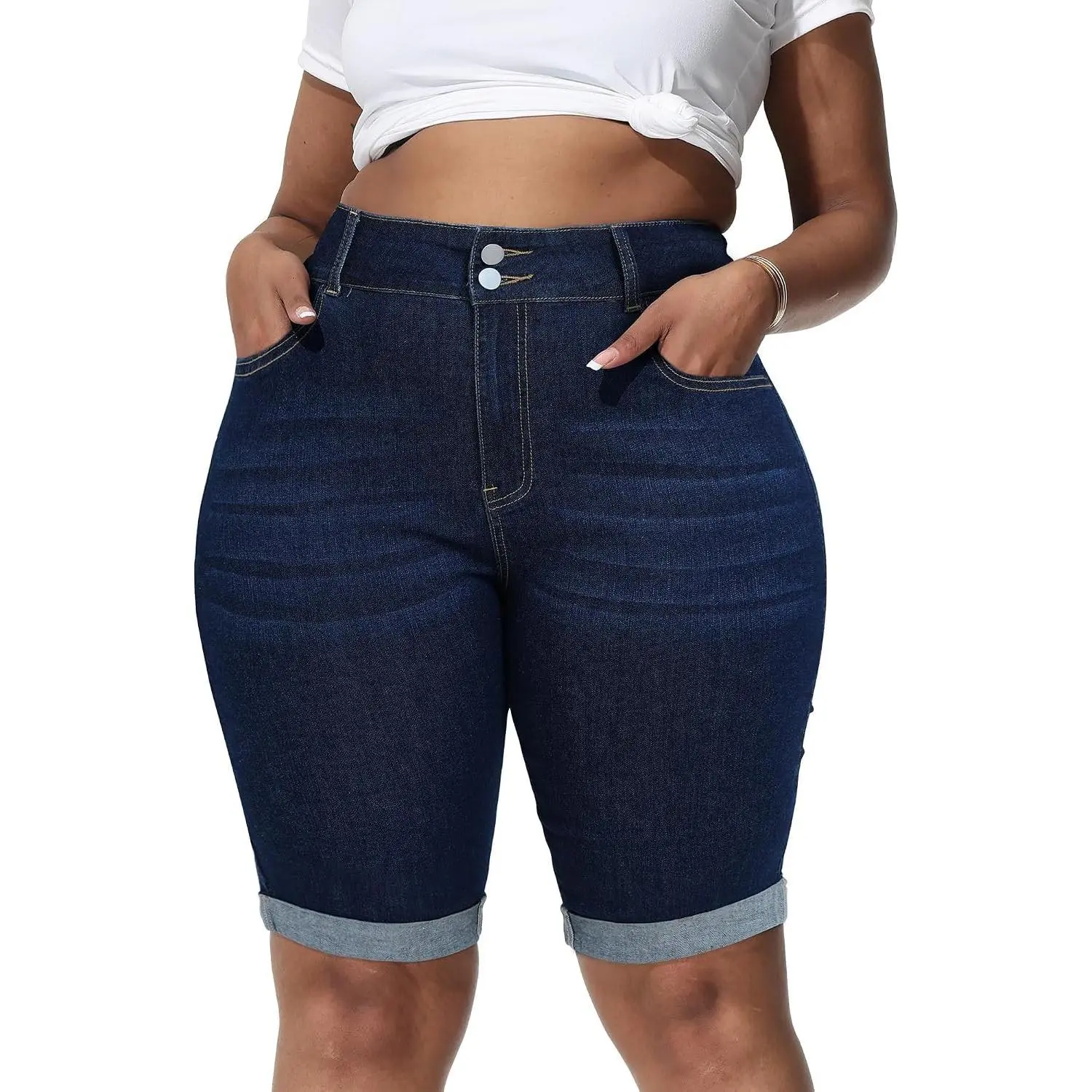 Women's Plus Size High-Waisted Stretchy Casual Basic Button Cute Bermuda Denim Midi Shorts for Women's Bottoms, Fit, Soft