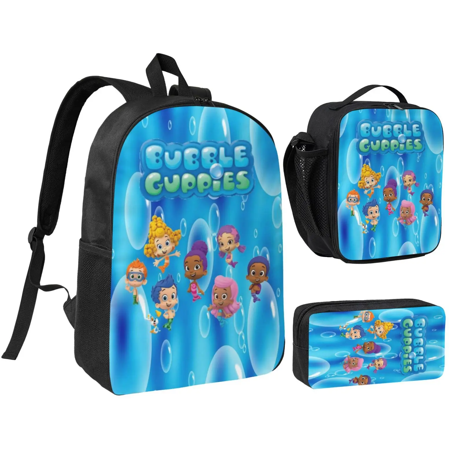 Anime Bubble Guppies1 backpack with lunch bag pencil box for Teen Girls Boys, 3pcs kids school bag with adjustable straps, office travel bag Bookbag lunchbox