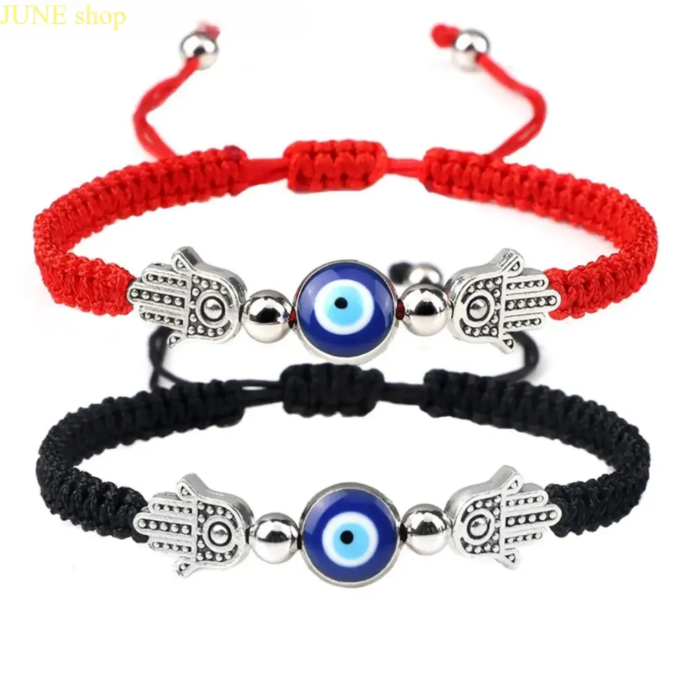 Turkish Evil Eye Braided Rope Bracelet with Charms, Unisex Adjustable Fashion Jewelry, Friendship Gift in Red or Black, Decorative Charms, Adjustable Strap Bracelets, Evil Eye Charm