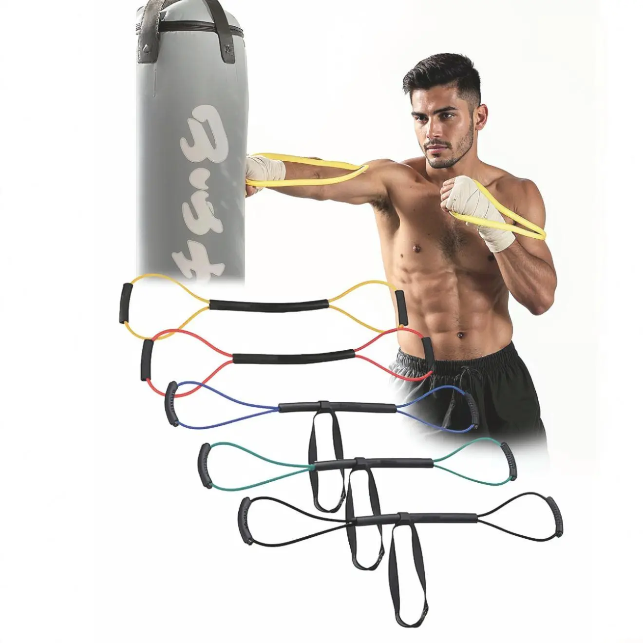 Latex Boxing Resistance Band with Chest Strap for Punching Power & Speed, Home Gym MMA Training Equipment for Men, Full Body Cardio Workout, 30lb Green, 35lb Black, Lightweight Boxing, Outdoors, 20Lb Red