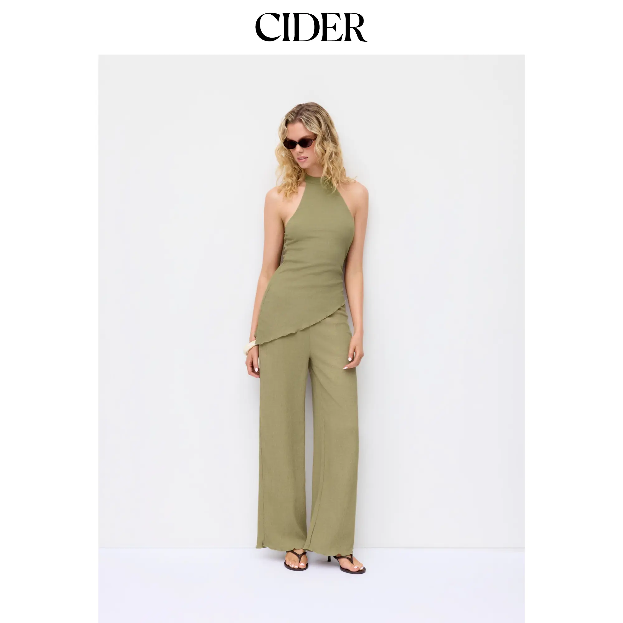 Cider Textured Halter Neck Asymmetrical Top & Low Rise Straight Leg Trousers Set