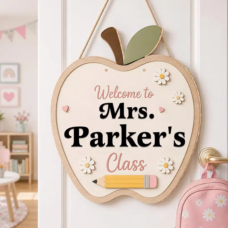 Personalized Teacher Door Sign Custom Name Text Wooden Classroom Welcome Sign Apple Shape Hanging Plaque Floral Pencil School Design For Classroom Door Hallway Bulletin Board Reading Corner Back To School Teacher Appreciation Gift For Teachers Educators