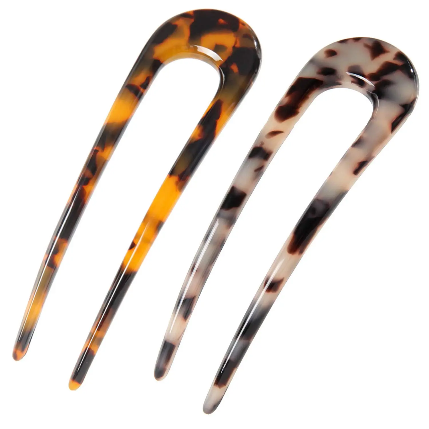 French U-Shaped Hair Pins for Women, Tortoise Shell Acetate 2-Prong Chignon Pin for Updos, 2 Pack, French Hair Pin