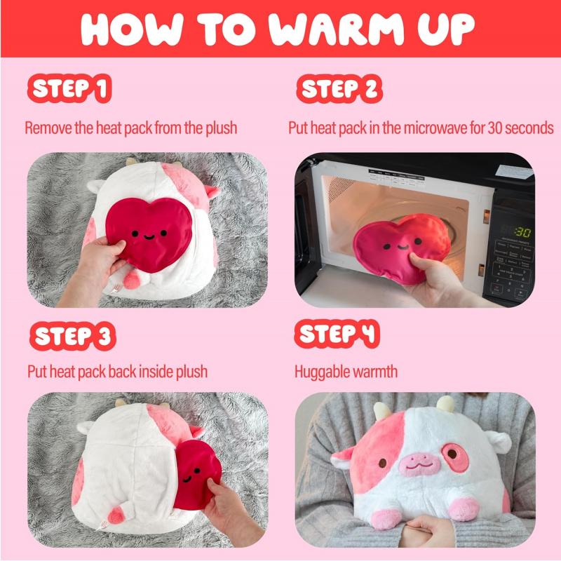 Heatable Strawberry Scented Cow Plush for Period Cramp Relief & Emotional Support, Microwavable Soft Plushies, Coolable Stuffed Animal for Anxiety, Cute Heating Pad for Pain Relief