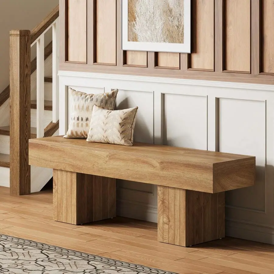 Wooden Entryway Bench, 55" Farmhouse End Of Bed Bench, Long Dining Bench, Indoor Bench Bedroom, Dining Room,Hallway, Mudroom, Light Brown