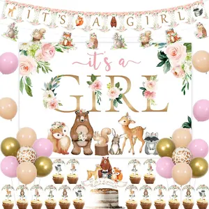 1Set Woodland Baby Shower Decorations for Girls Woodland Animal Baby Shower Backdrop Woodlands Its A Girl Banner Garland Cake Topper for Floral Themed Forest Animal Gender Reveal Party