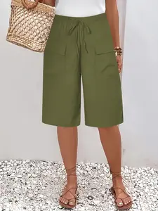 Women's Casual Linen Blend Bermuda Shorts, Adjustable Drawstring Waist Knee Length Shorts with Pockets, Summer Loose Fit Culottes