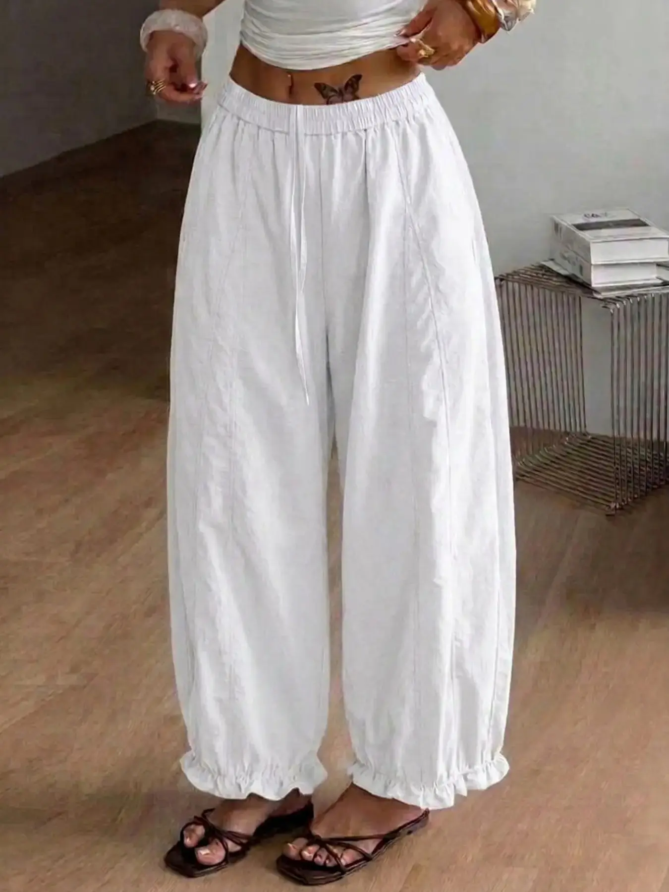 Women's Casual Baggy Oversized Harem Pants, Flowy Loose Fit Adjustable Drawstring Elastic High Waist Trousers, Vertical Seam Design Ruffle Frill Trouser Hem Lightweight Wide Leg Bubble Joggers, Vacation Lounge Balloon Bottoms #widelegpants #businesscasual
