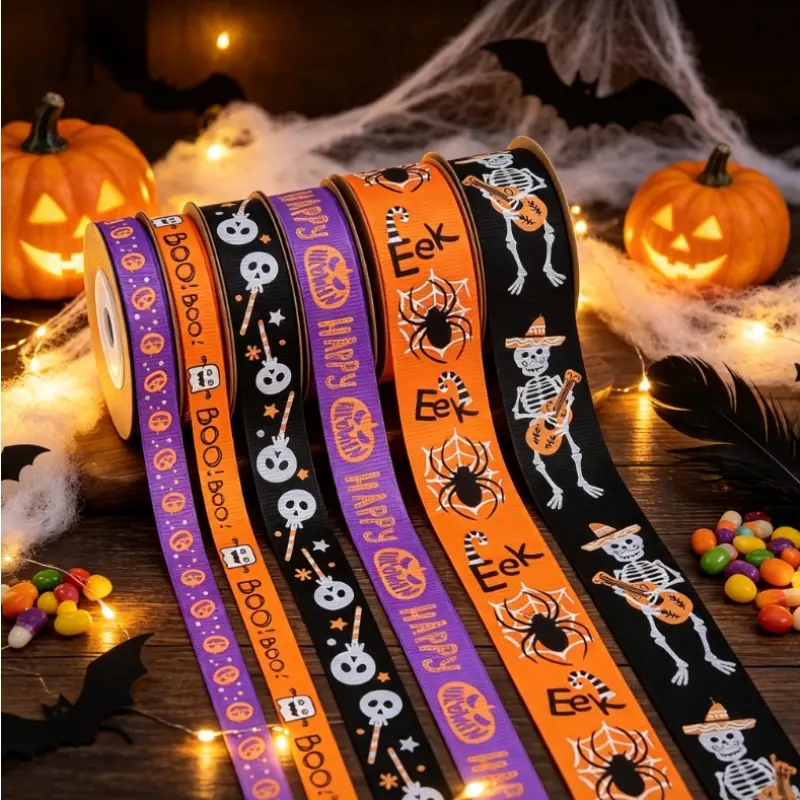 6 Rolls Halloween Ribbon, Skull Spider Pumpkin Pattern Grosgrain Ribbon, Halloween Decorative Fabric Ribbon for Gift Wrapping, Wreath, DIY Crafts, Party Decorations