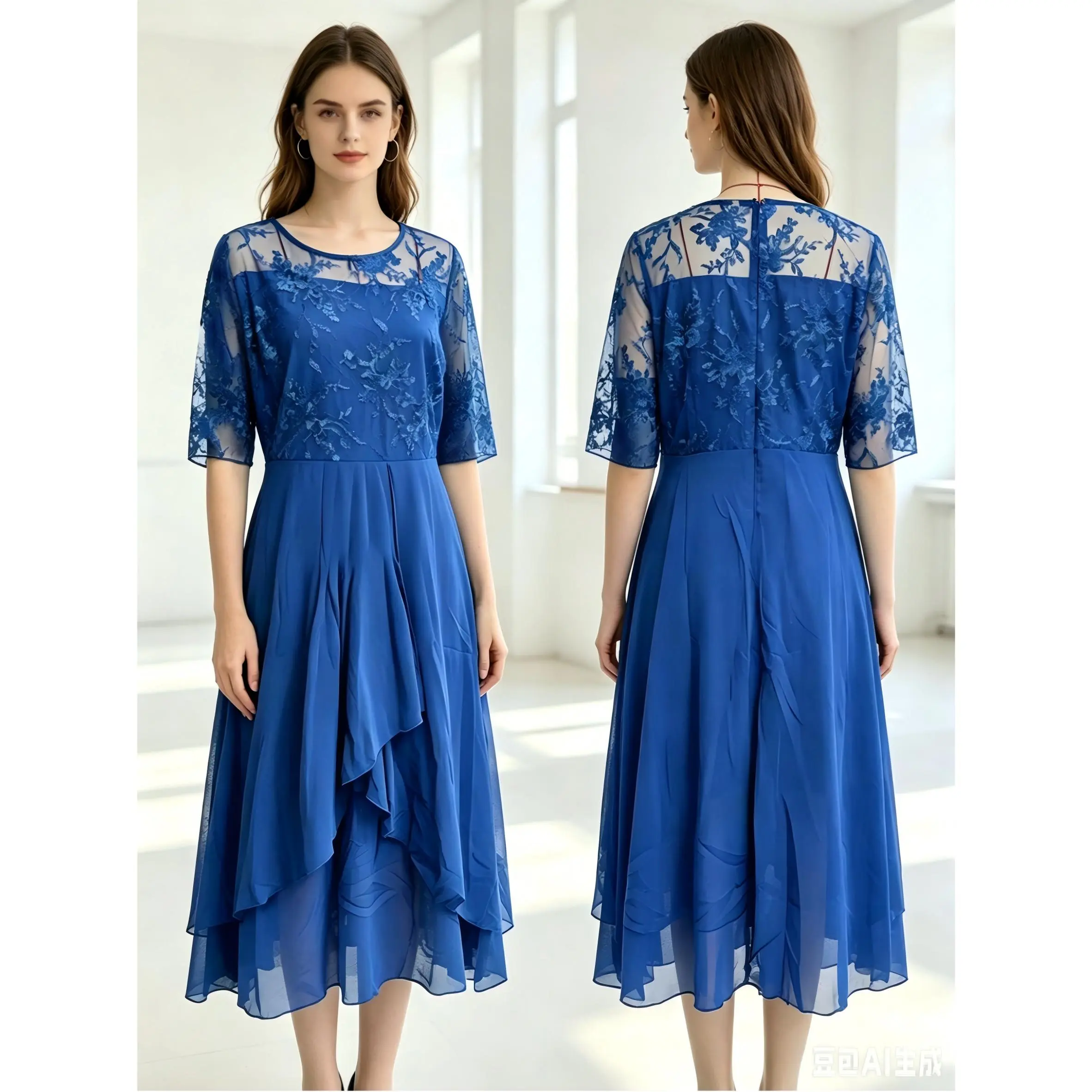Women's Elegant Maxi Dress with Hollow-Out Lace Bodice - Solid Chiffon A-Line Gown with Short Sleeves for Bridesmaids and Formal Evening Events, Wedding, Wedding Guest Dresses, Elegant Dresses For Women