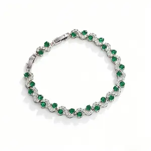 Hot Women's Goldplated Alloy Wavy Tennis Bracelet Emerald Green & White CZ Gemstone Luxury Statement Jewelry Adjustable Clasp for Formal Events Daily Wear