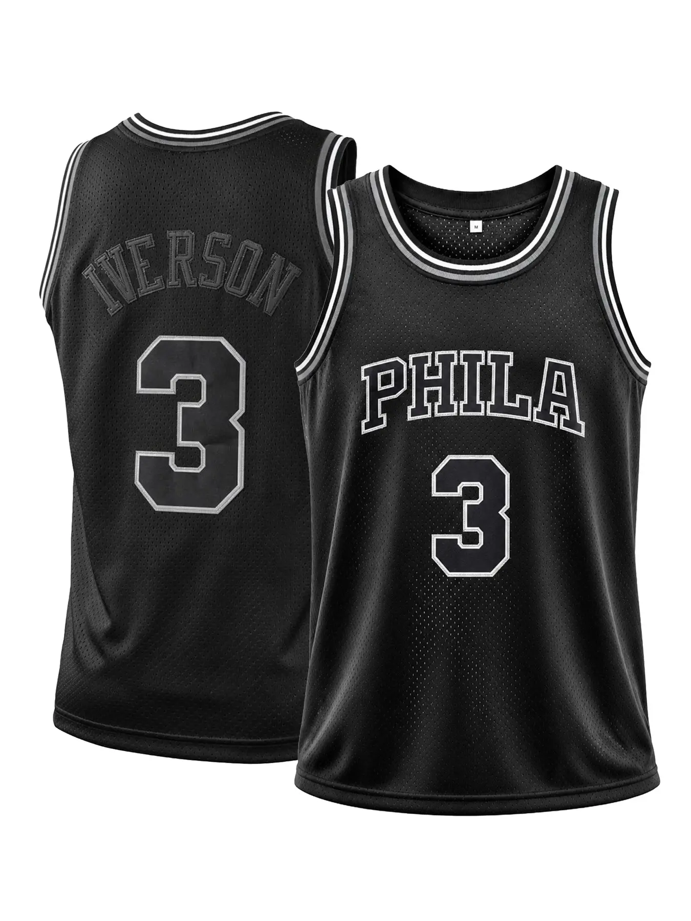 PHILA 3 Men's Embroidered Basketball Jersey Black Mesh Sleeveless Retro Sports Tank Top Unisex