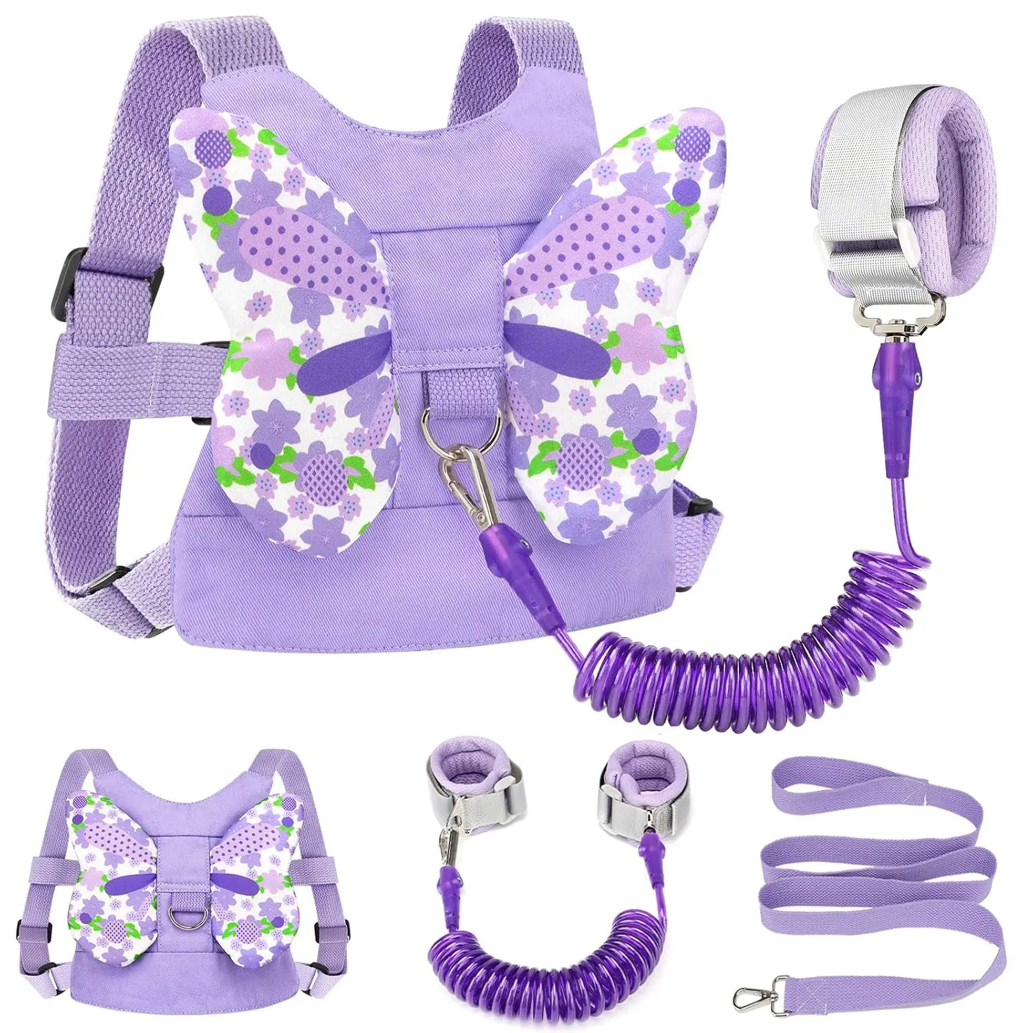 Toddler Harness Leash + Anti Lost Wrist Link, Kids Butterfly Harnesses with Children Leashes, Cute Baby Leash Walking Assistant Wristband Strap Tether for Girls Outdoor (Purple)