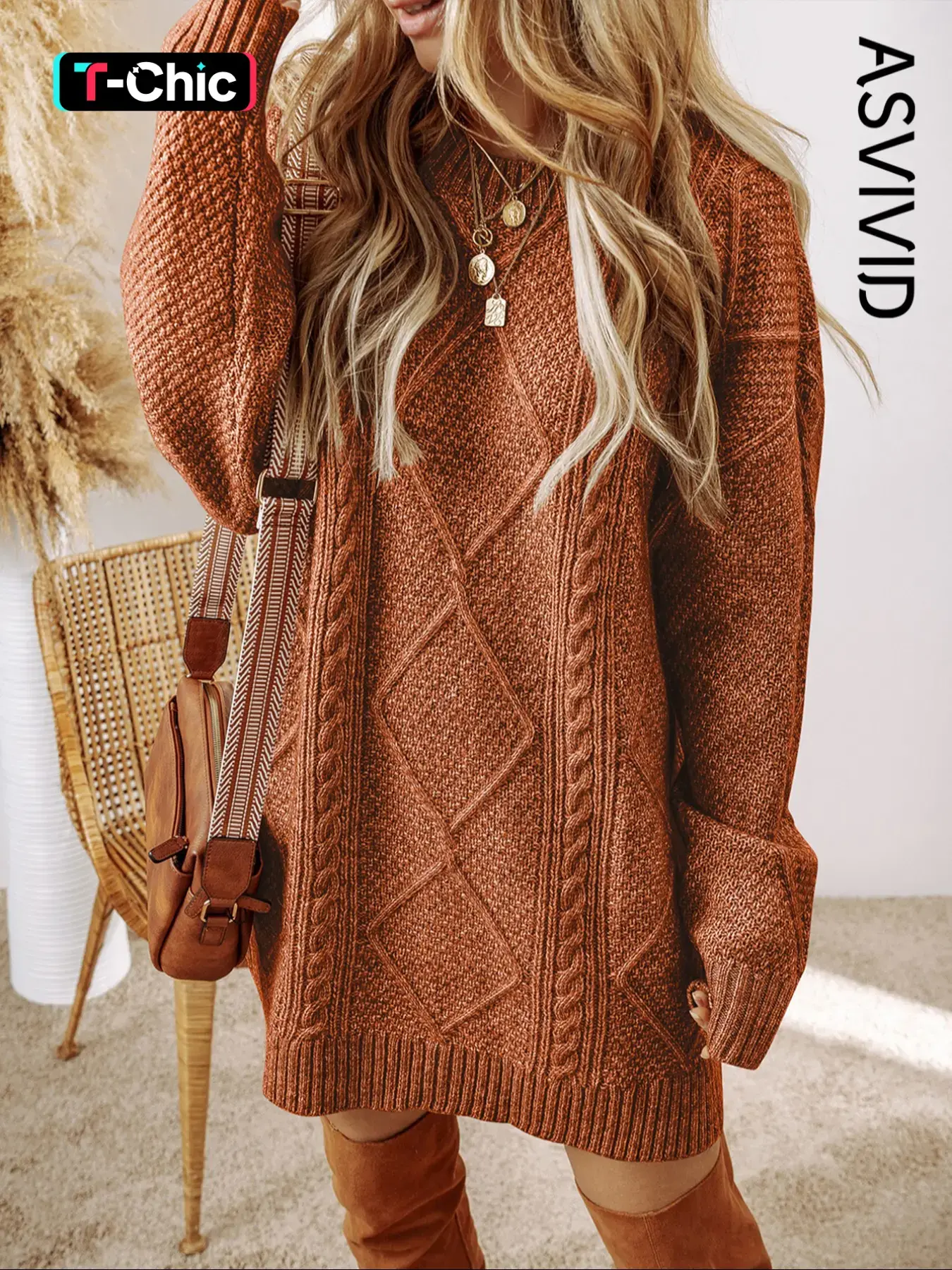 Women's Casual Chic Round Neck Solid Color Cable Knit Drop Shoulder Short Sweater Dress, Fall & Winter Clothing, Comfortable Daily Wear Knitwear