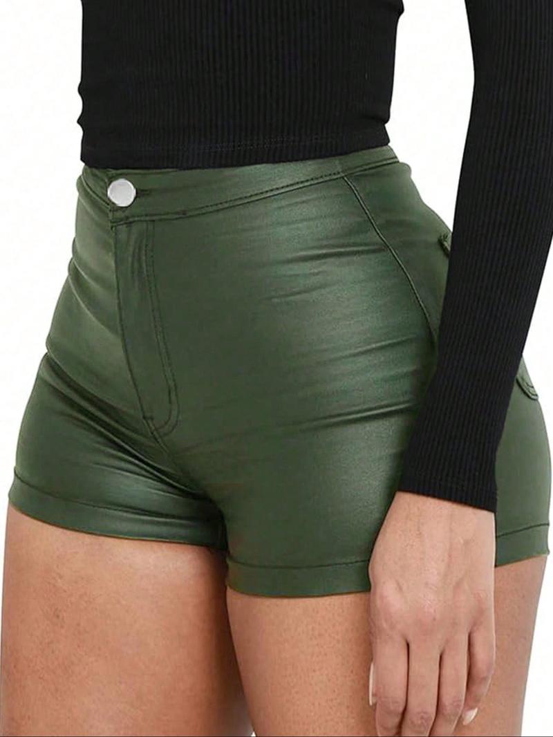 Women's High-Waisted Faux Leather Shorts - Matte Slim-Fit Design - Comfortable Stretchy Fabric - Tummy Control