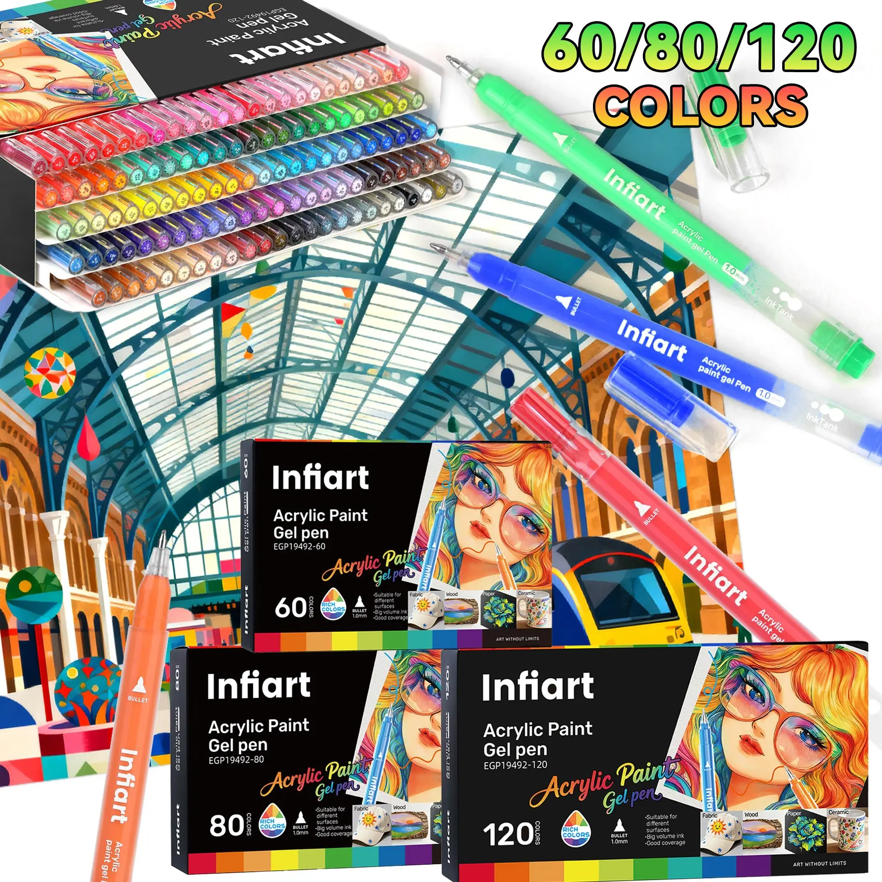 Infiart Acrylic Gel Pen Set, 60/80/120 Colors, Stackable, 1.0mm Tip, Full Color Large Capacity, Art Supplies for Painting, Anime, Comics