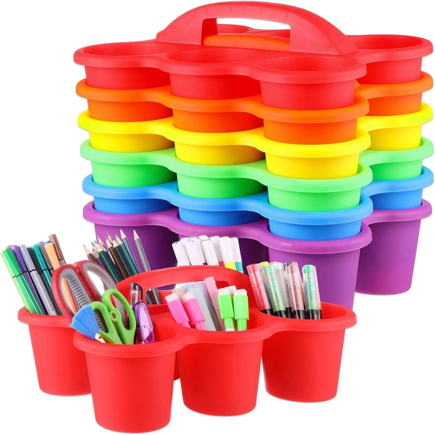 Women's 6-Pack Colorful Plastic Classroom Caddy Organizer with Handle, 6-Compartment 12×9×3.5in Back to School Storage Holder for Table Crayons, Pencils, Markers, Crafts, Drink Cups