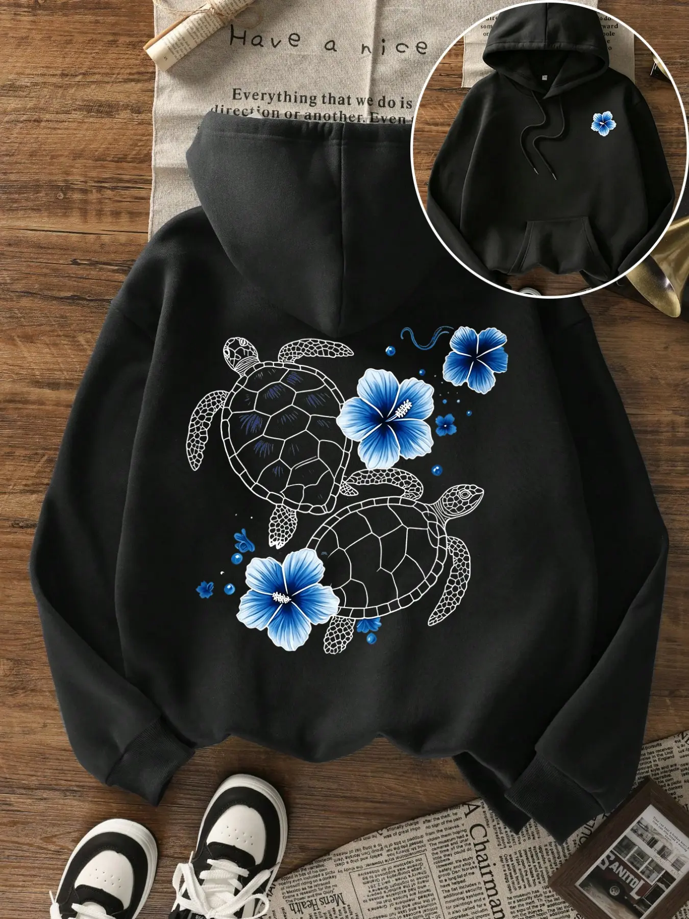 Women's Sweet Cool Hoodie with Drawstring Pockets, Turtle Flower Print, Casual Long Sleeve Top, Fall Winter Essential