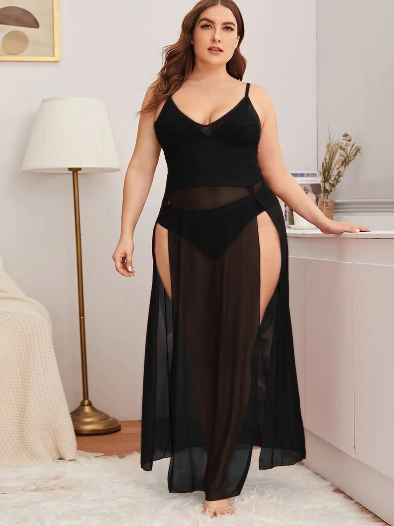 Plus Size Mesh Sheer Split Strap Nightgown, Nightwear, Pure Desire Style, Chic, High Split Design, Perfect for Plus Size Body, Daily Home Wear