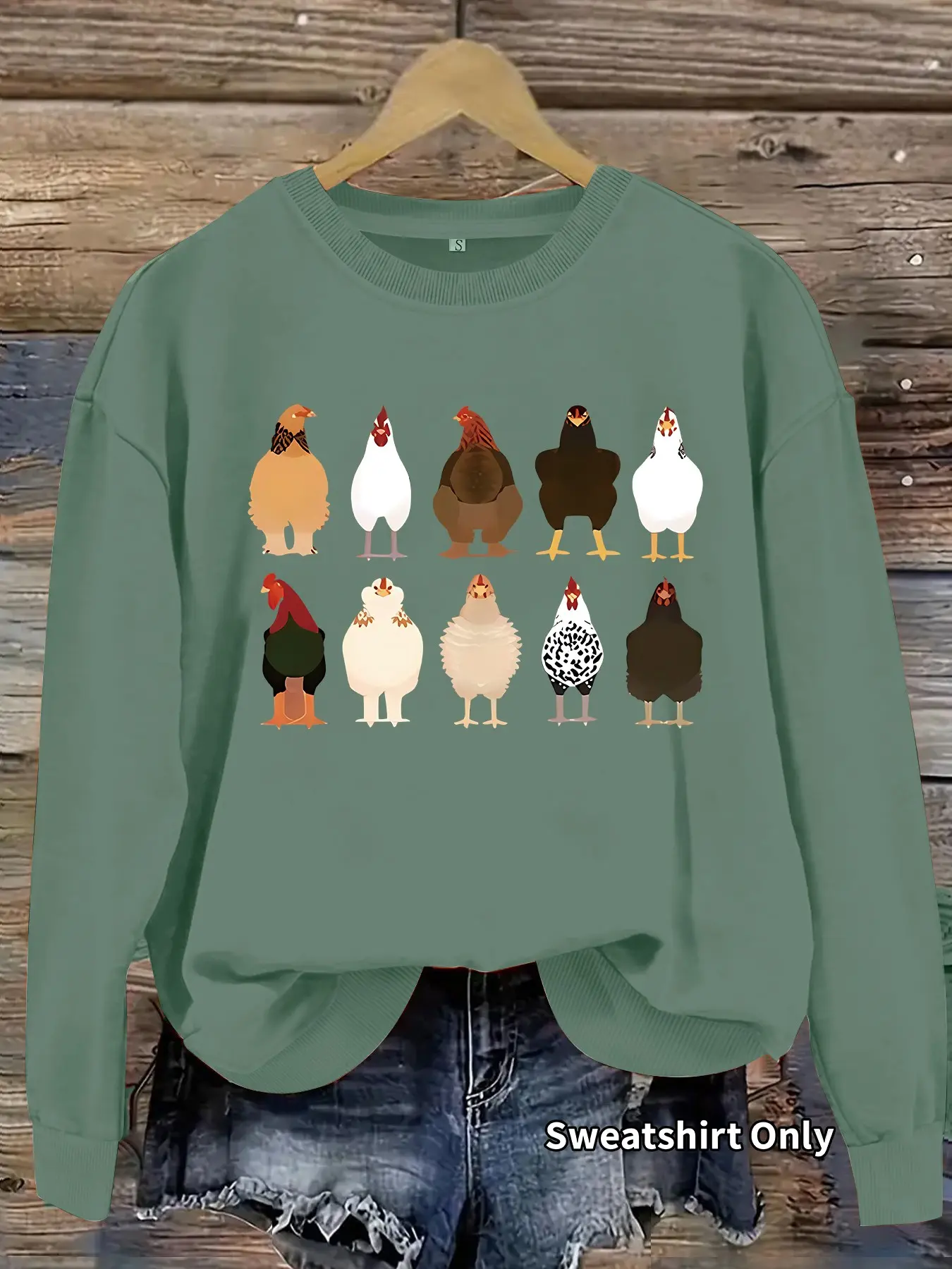 Women's Casual Rooster Pattern Sweatshirt, Soft Long Sleeve Round Neck, Comfortable Daily Wear, Durable Fabric